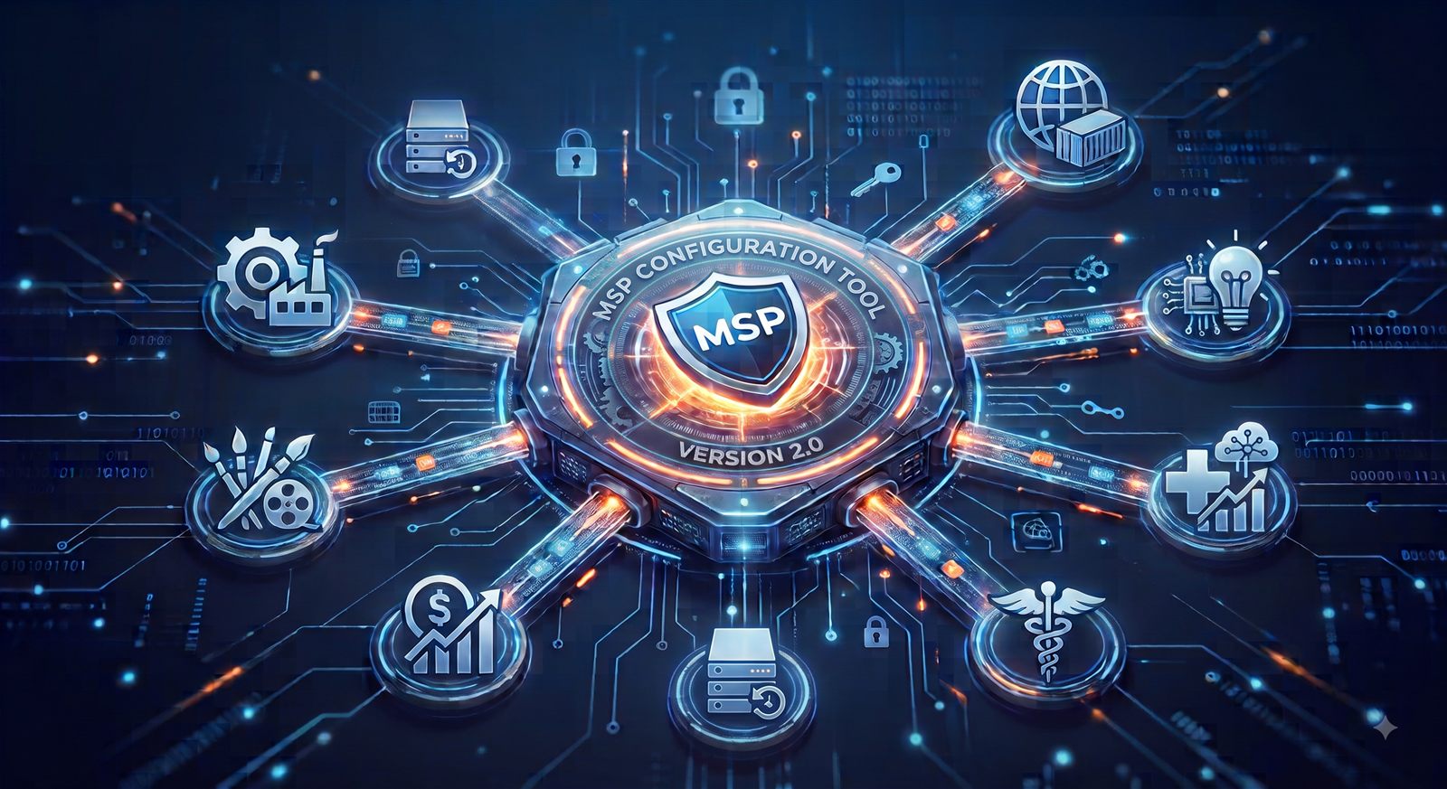 MSP Configuration Tool V2 as a secure central hub with connections radiating out to certificate management, access control, and endpoint monitoring.
